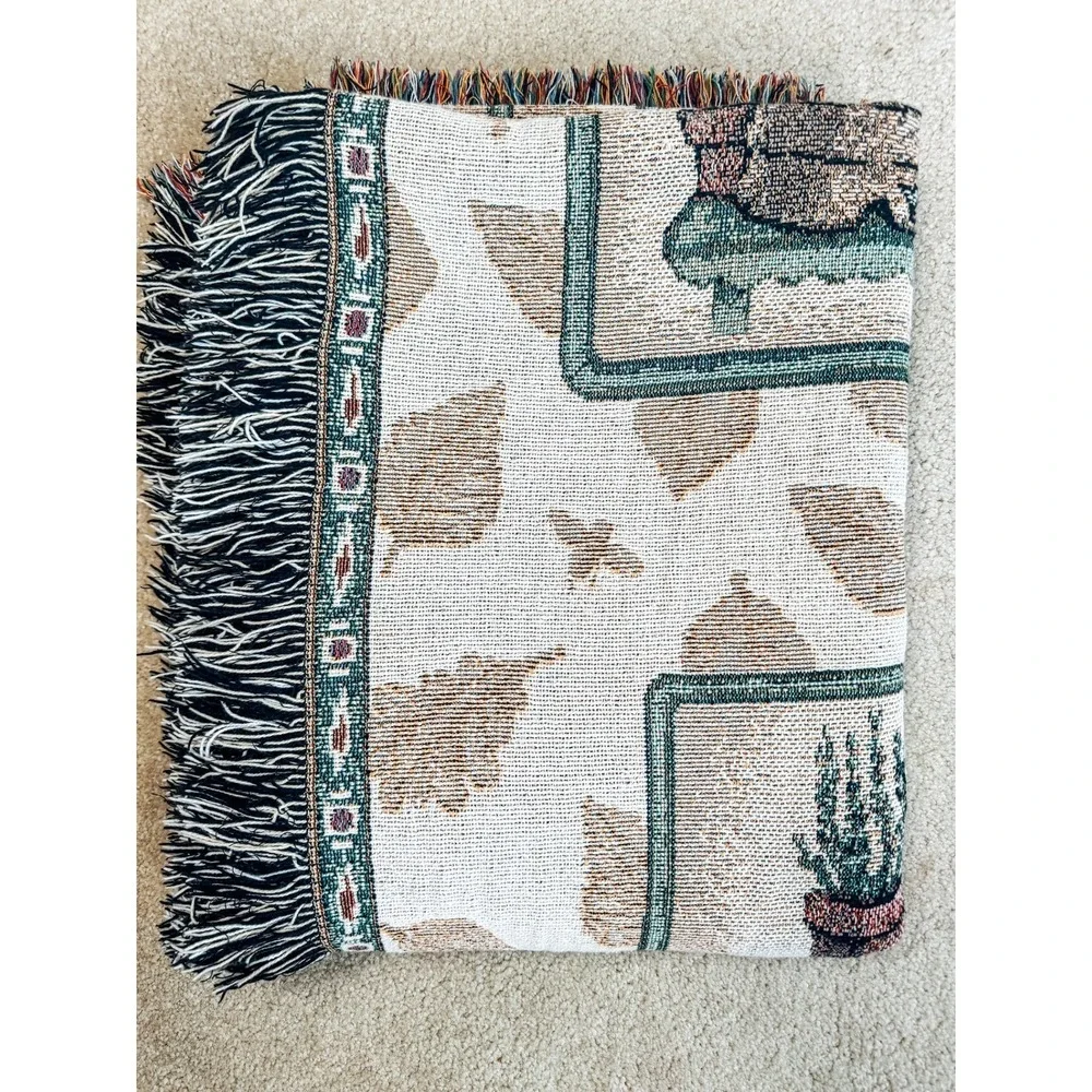 Vintage Pfaltzgraff Naturewood Woven Throw Blanket Afghan Birdhouse Garden 49x60